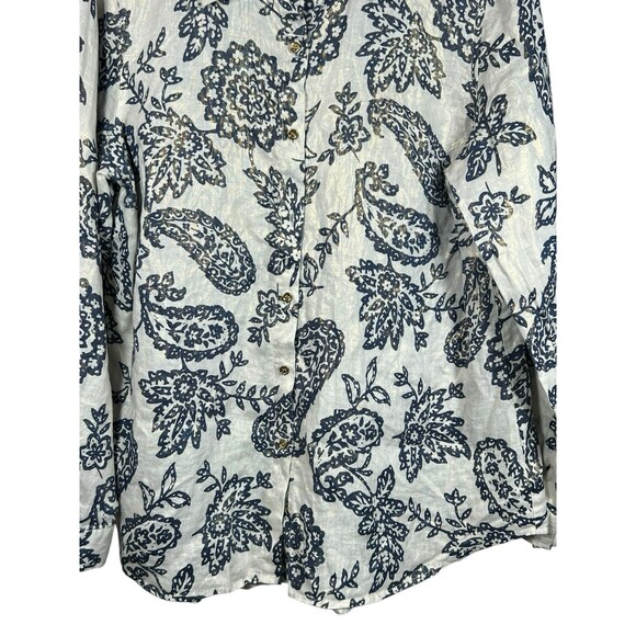 Charter Club Weekend Linen Shirt L Metallic Floral Paisley Casual Button Down - Picture 7 of 14